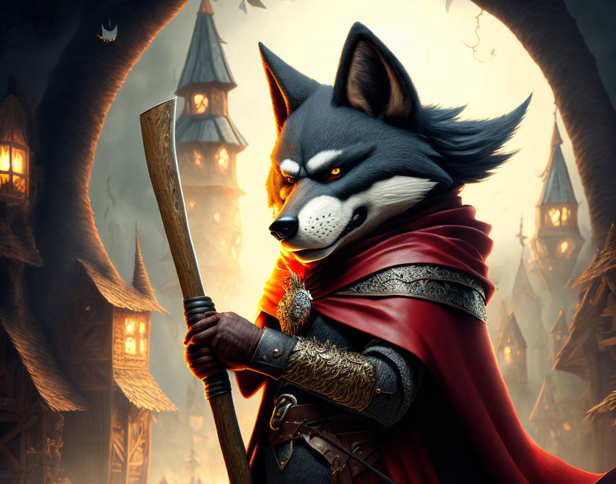 Medieval-themed anthropomorphic wolf with red cloak and spear in front of castle background