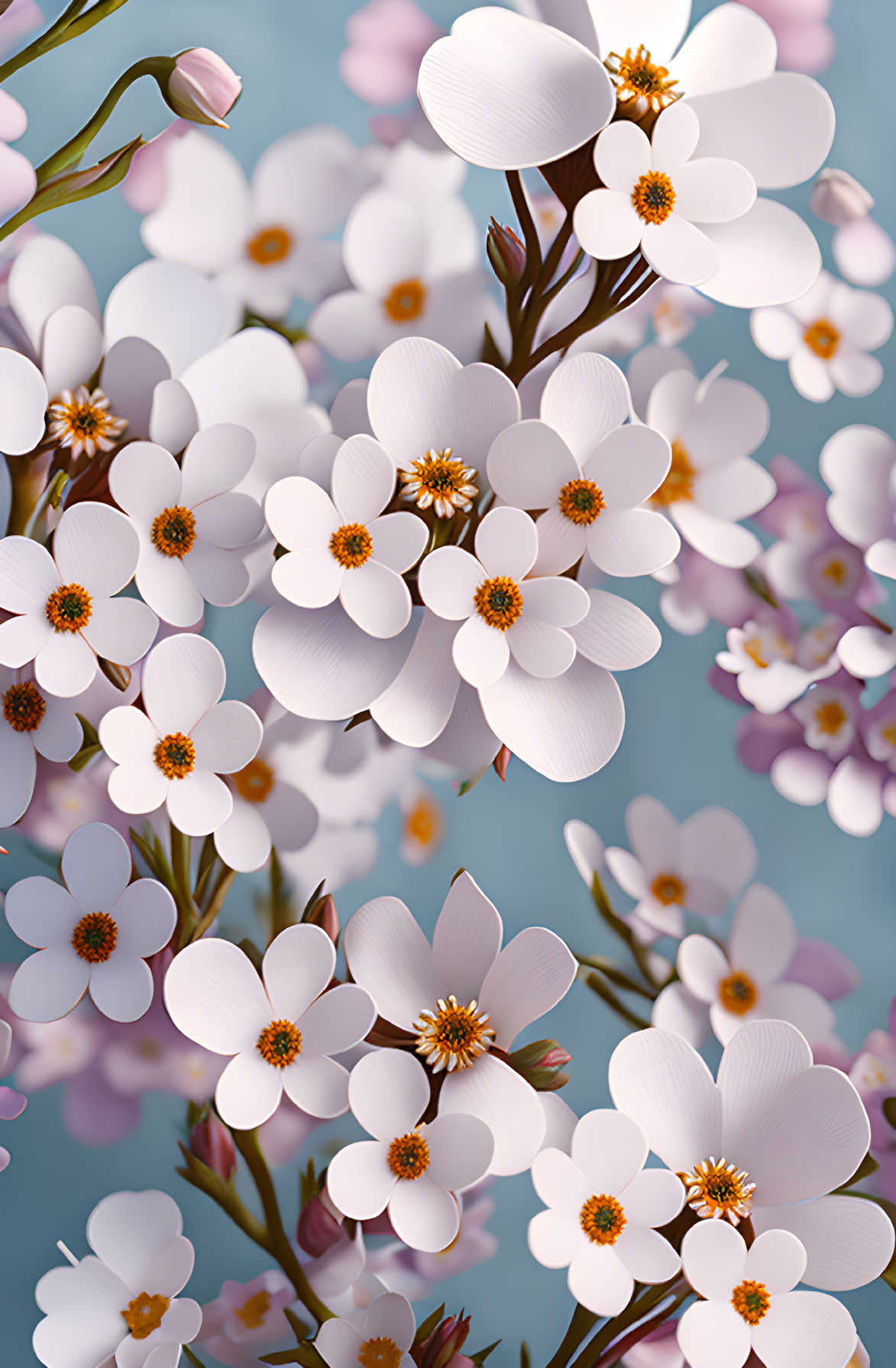 Delicate white flowers with yellow centers on soft blue background