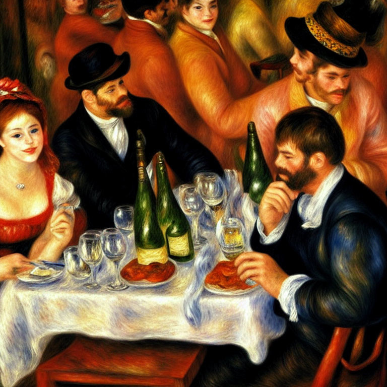 Colorful painting of people at a table with wine bottles and glasses, woman in red, men in