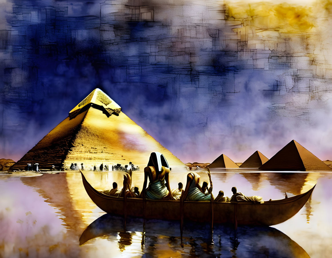 Ancient Egyptian boat scene with pyramids under dramatic sky