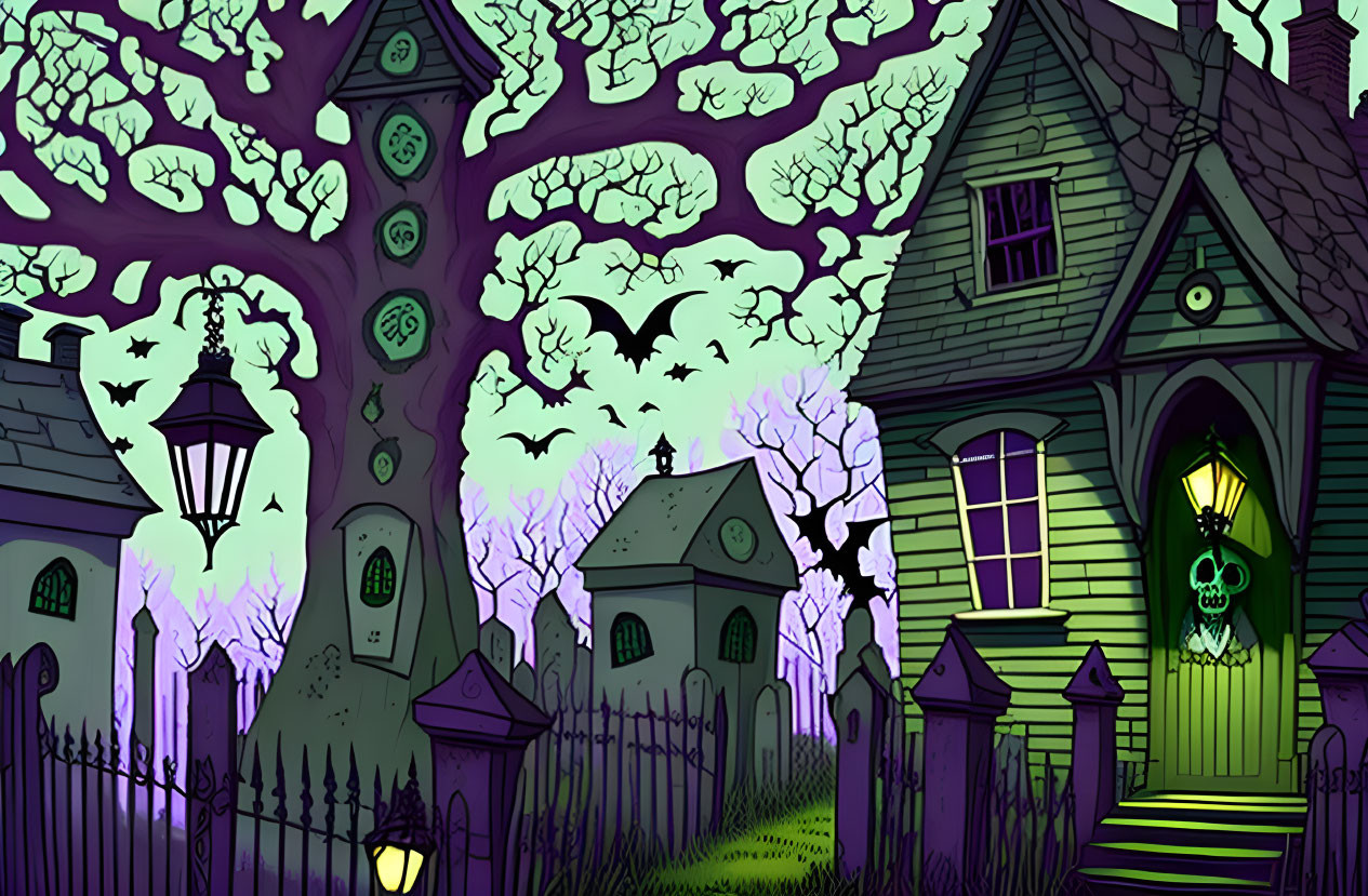 Eerie haunted house at night with green glow in spooky forest