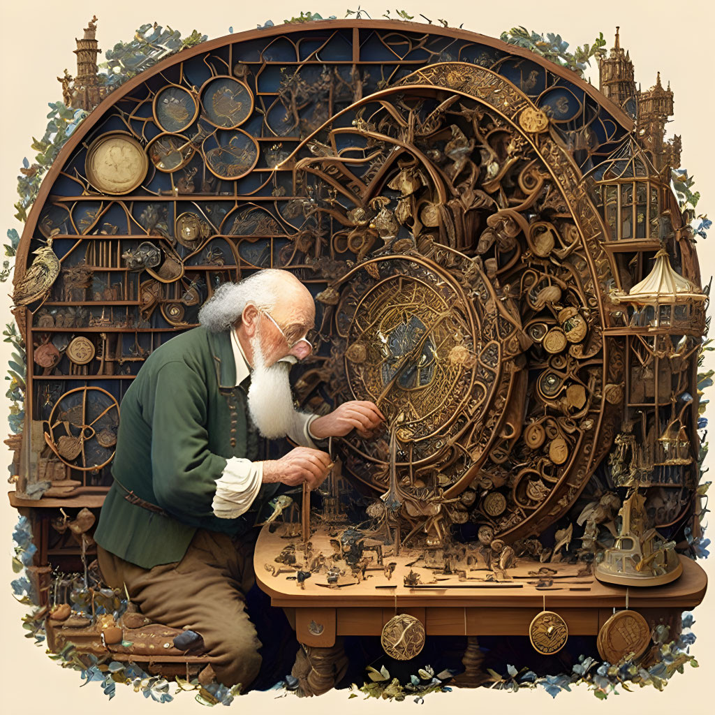 Elderly man with white beard works on intricate clockwork mechanism