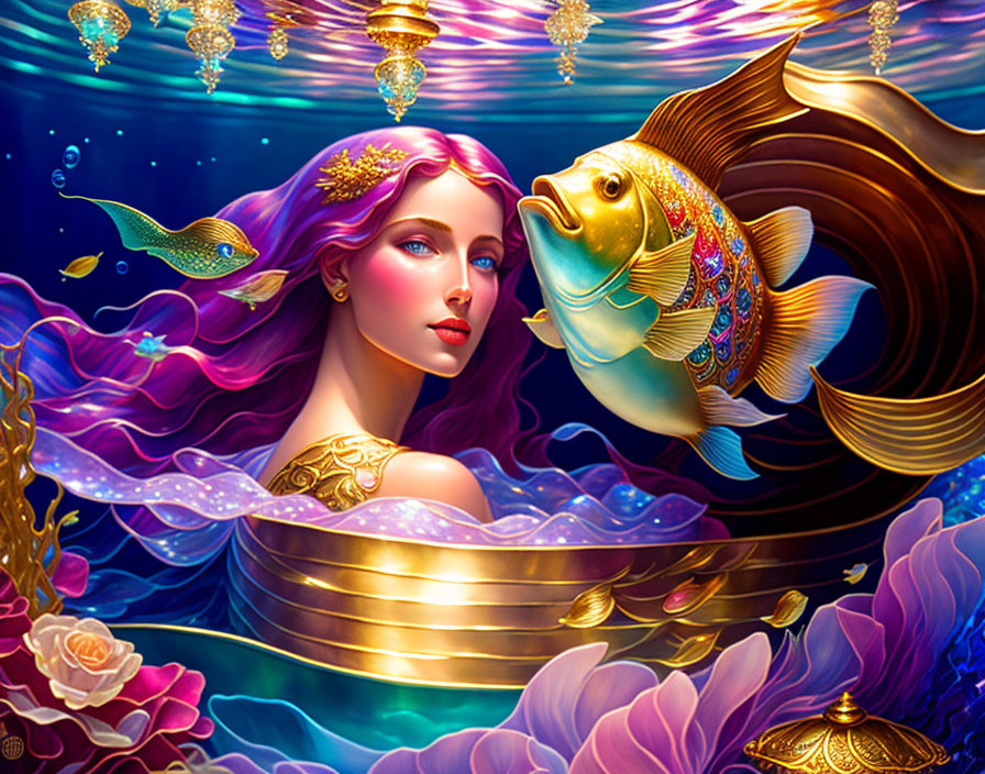 Vivid illustration of woman with purple hair and ornate fish in underwater fantasy setting