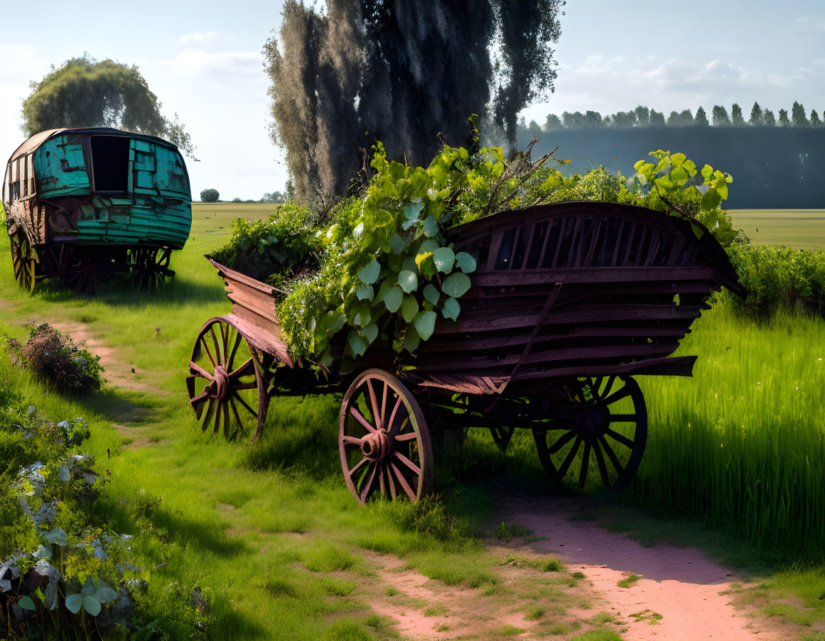 Rustic wooden carts covered in green foliage on grassy path with trees and blue sky