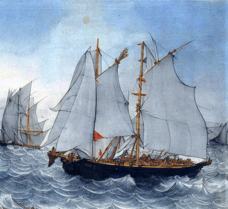 Sailing ship painting with billowed white sails on wavy blue ocean