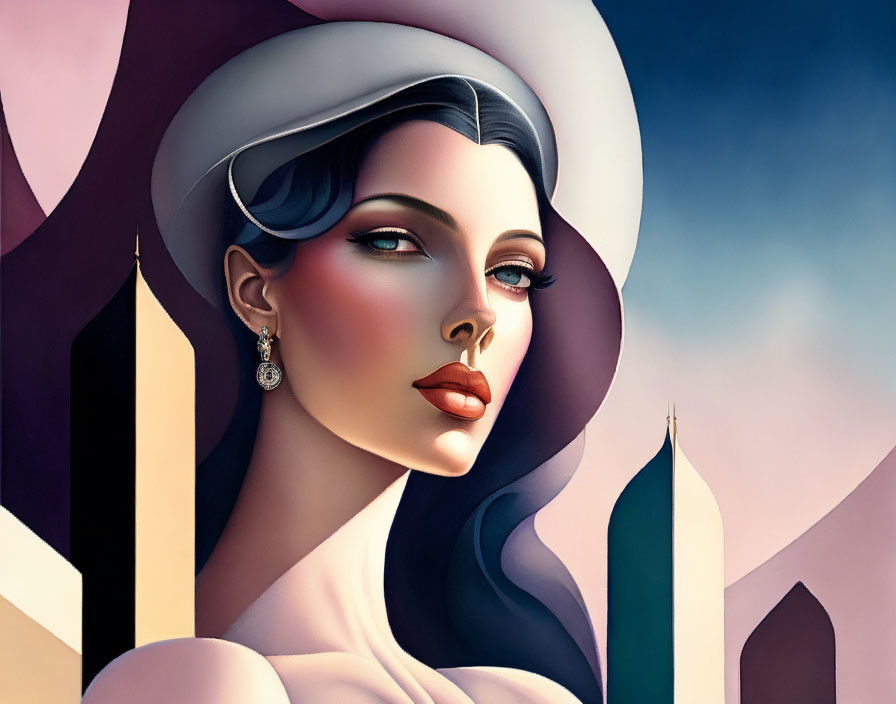 Elegant woman illustration with hat, makeup, and earring on abstract geometric background