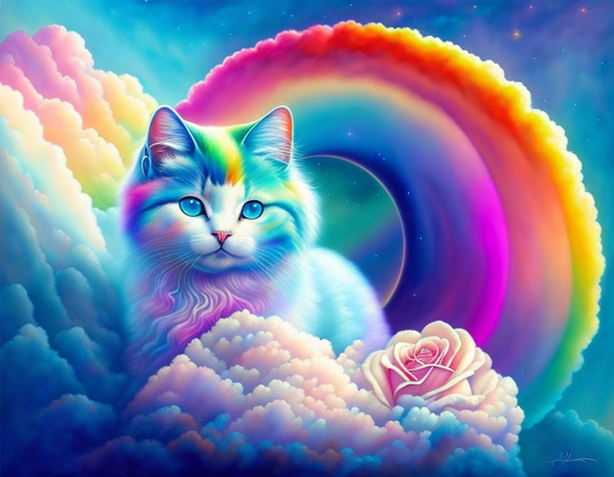 Colorful Digital Artwork: Whimsical Cat in Clouds with Rainbow and Rose