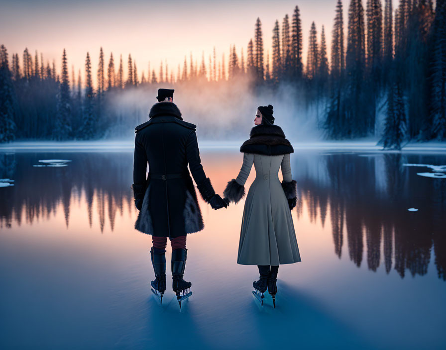 Vintage couple ice-skating on misty lake at twilight