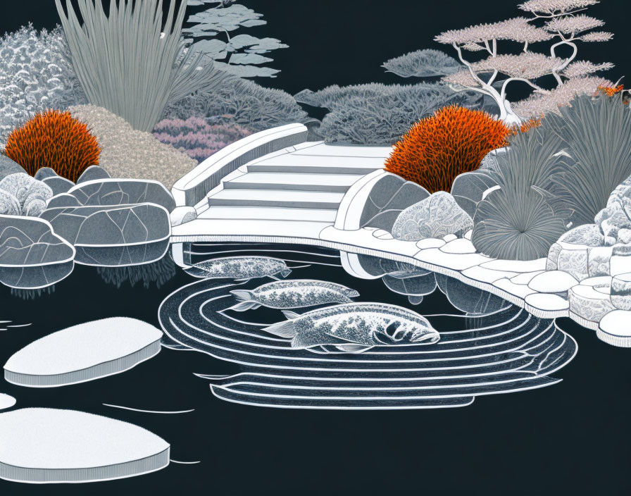 Monochromatic garden scene with bridge, pond, koi fish, and plants