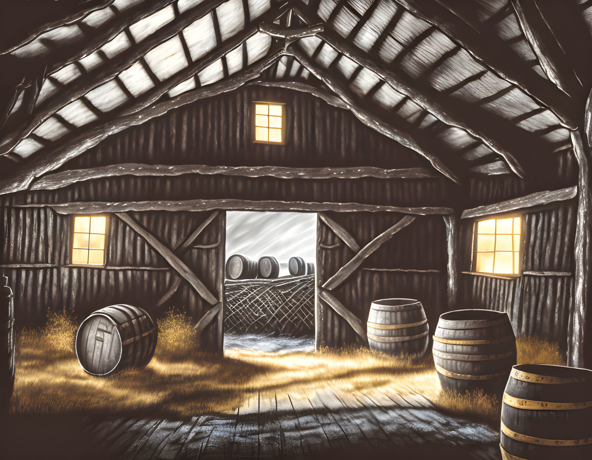 Sunlit rustic wooden barn interior with hay, barrels, and sunlight.