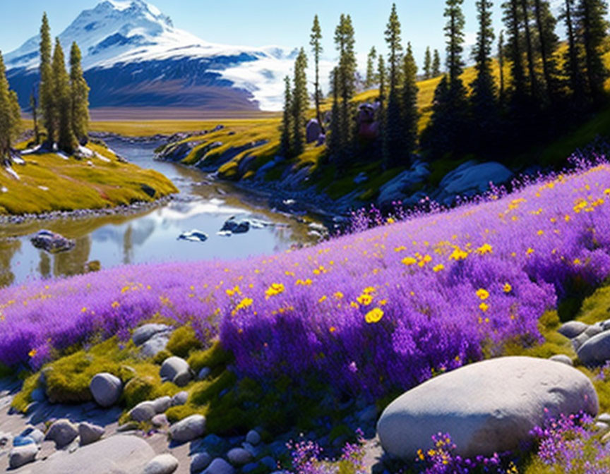 Scenic mountain stream with purple flowers and snow-capped peaks