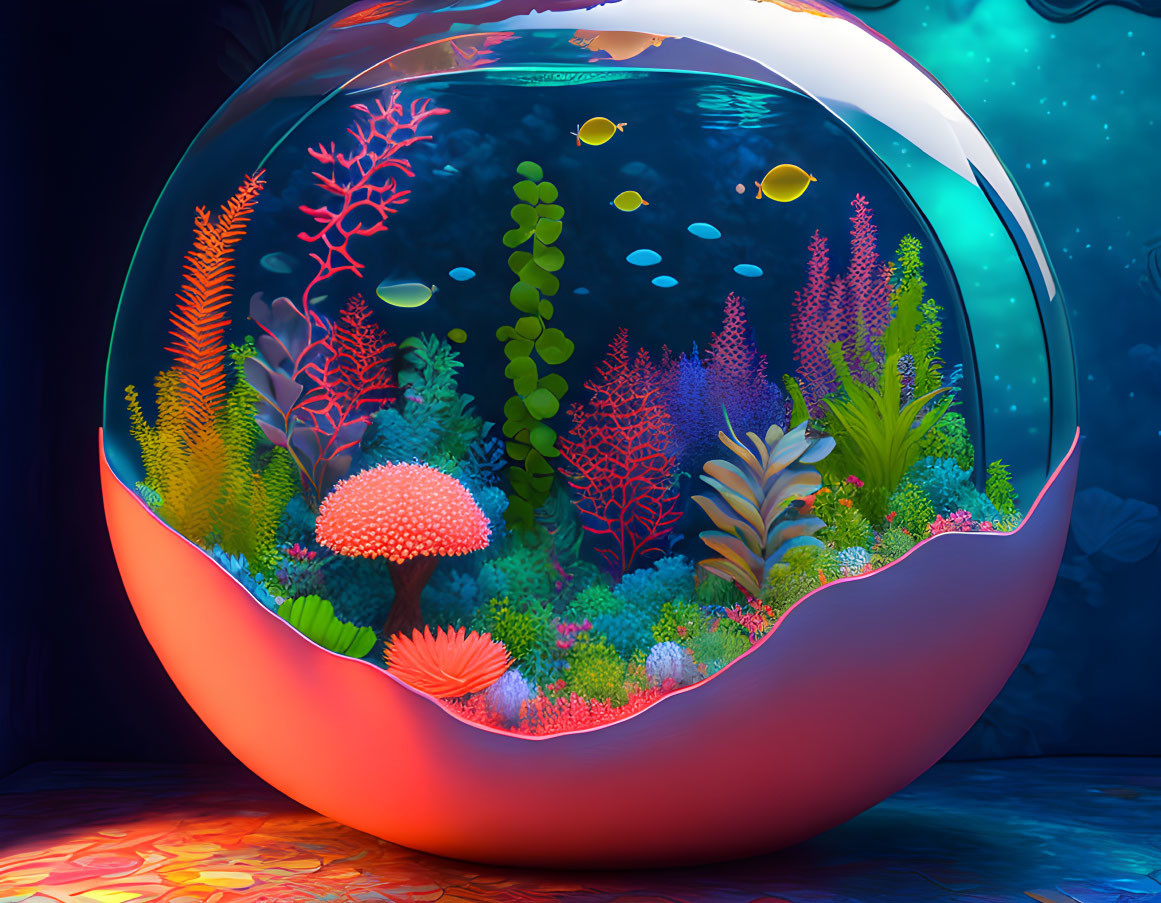 Colorful Coral and Fish in Round Glass Aquarium with Blue Lighting