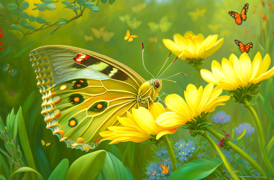 Colorful Butterfly Illustration on Yellow Flower with Greenery