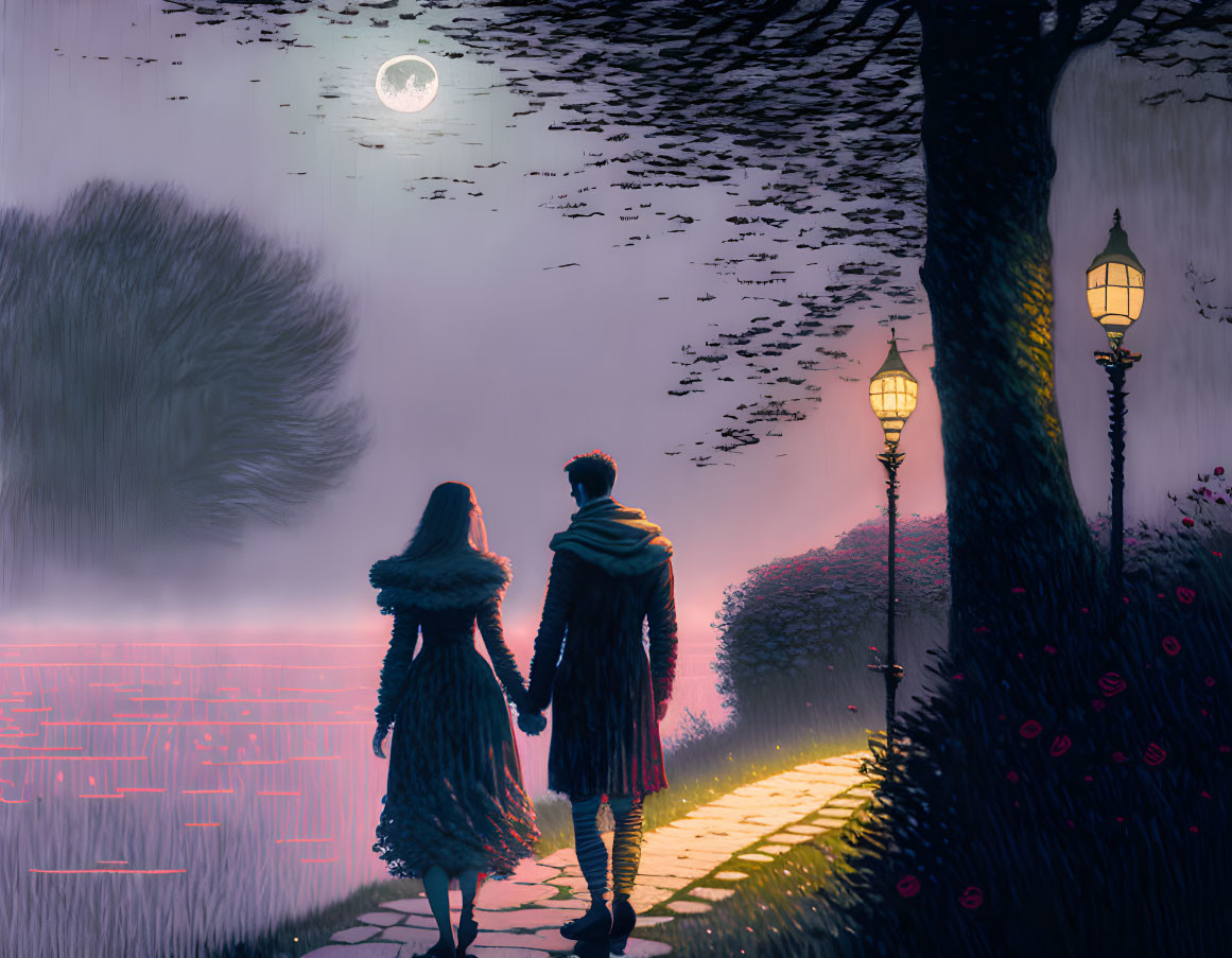 Couple walking hand-in-hand under full moon by flowery field