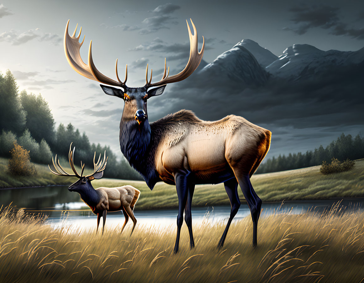 Majestic elk by serene riverbank with misty mountains