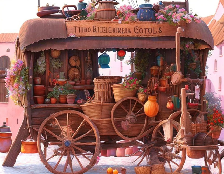 Decorative wooden cart with flowers, baskets, pottery, and lanterns in village scene