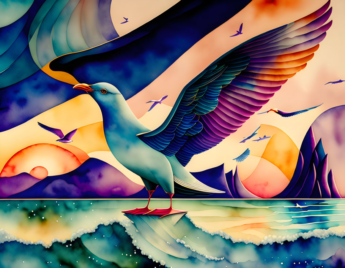 Large Stylized Bird Soaring Over Seascape at Sunset