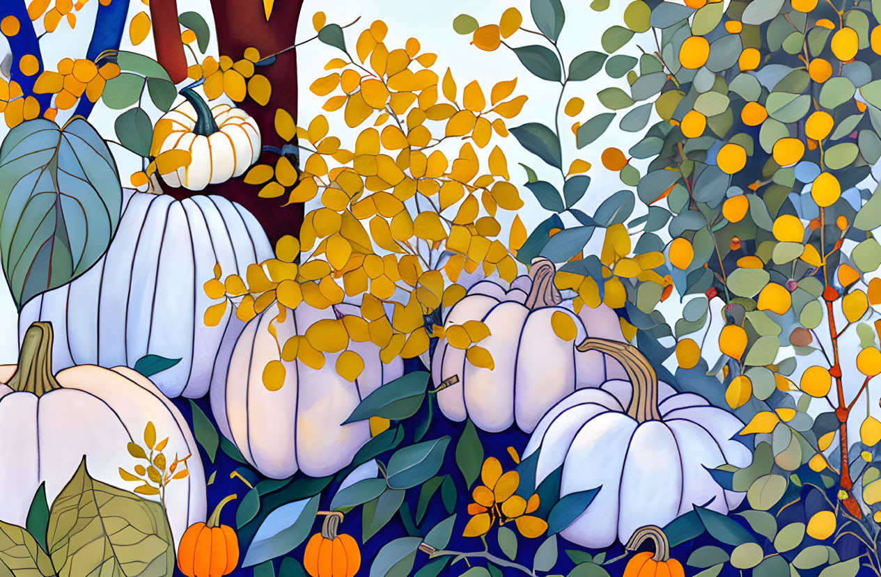 Vibrant autumn illustration with white and orange pumpkins in yellow and green foliage