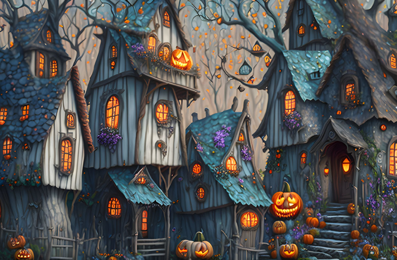 Spooky Halloween village with crooked houses and jack-o’-lanterns