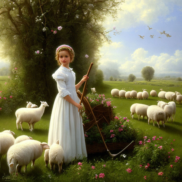 Young shepherdess in white dress with sheep and basket in bucolic field