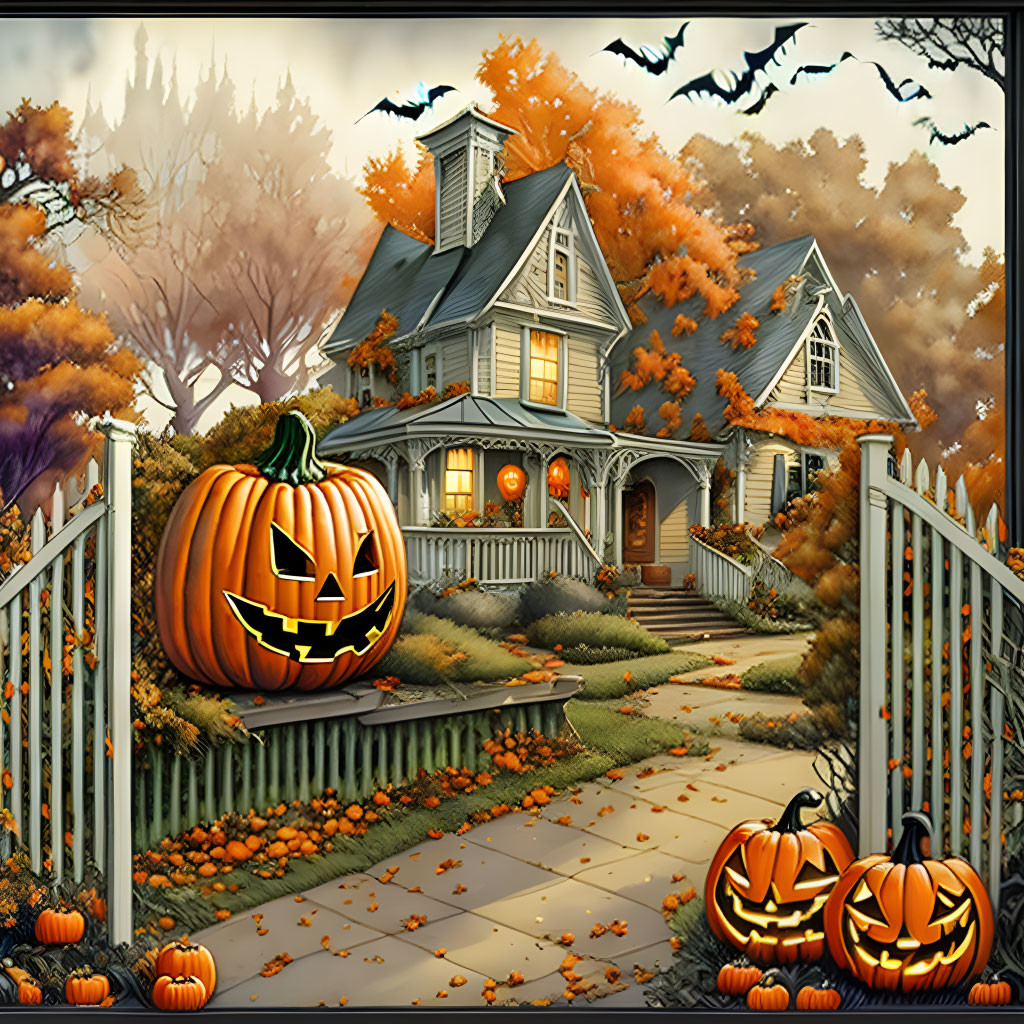 Victorian-style house Halloween illustration with pumpkins & autumn decor