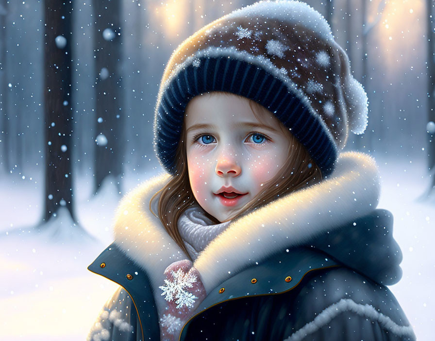 Child in Winter Clothing with Beanie and Scarf in Snowy Forest