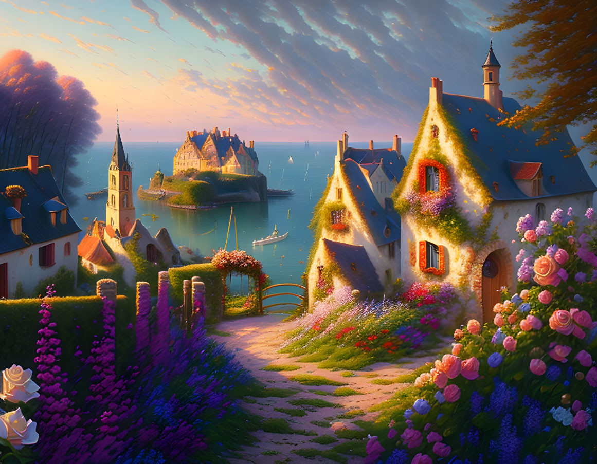 Coastal village sunset with flowers, cottages, sea, boats, pastel sky