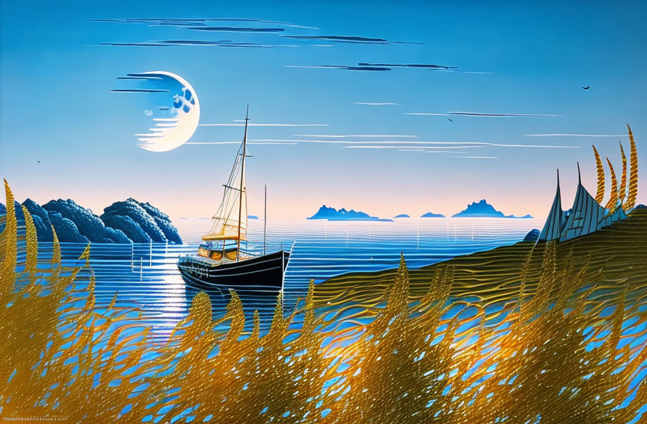 Tranquil seascape with sailboat, crescent moon, and twilight sky