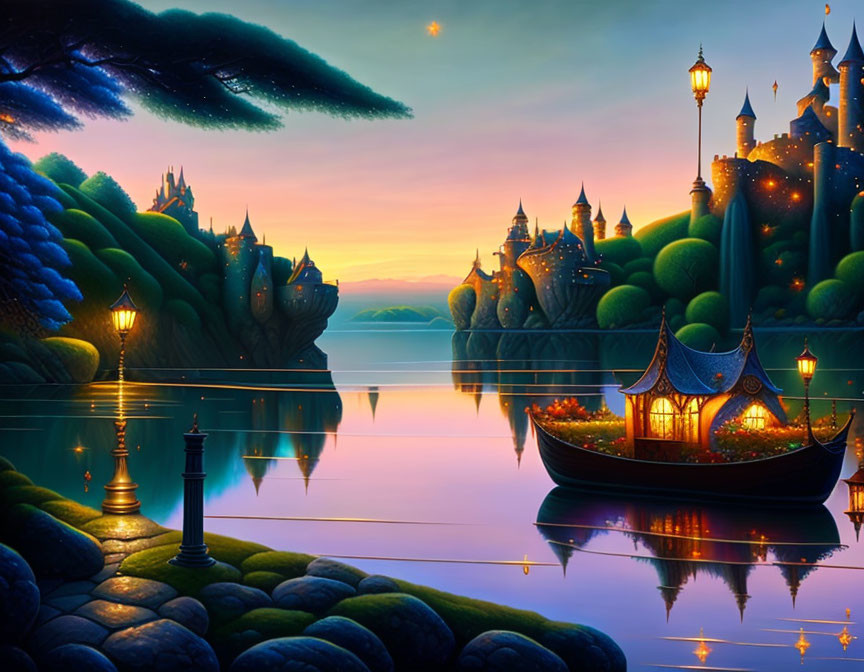 Fantastical landscape at dusk with glowing boat, castles, and lit lamps