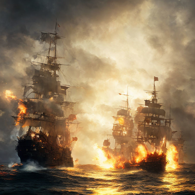 Three burning sailing ships in a smoky sea battle with sun rays.