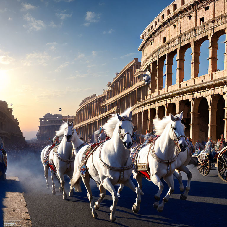 White horses pulling Roman chariot near Colosseum at sunset