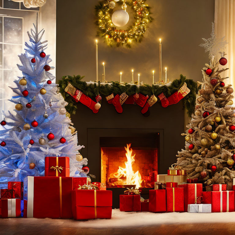 Festive Christmas scene with decorated fireplace and trees