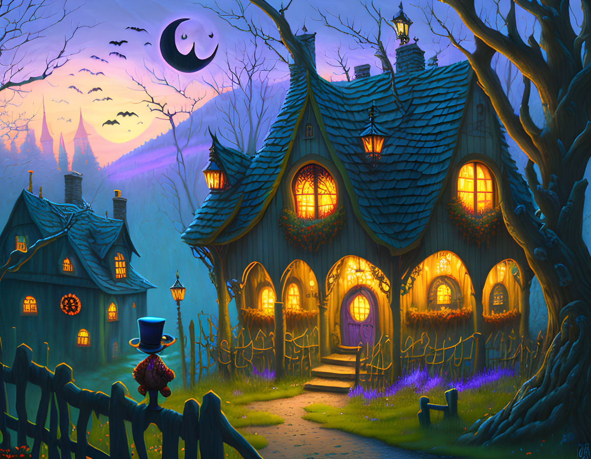 Whimsical cottage illustration at twilight in mystical forest