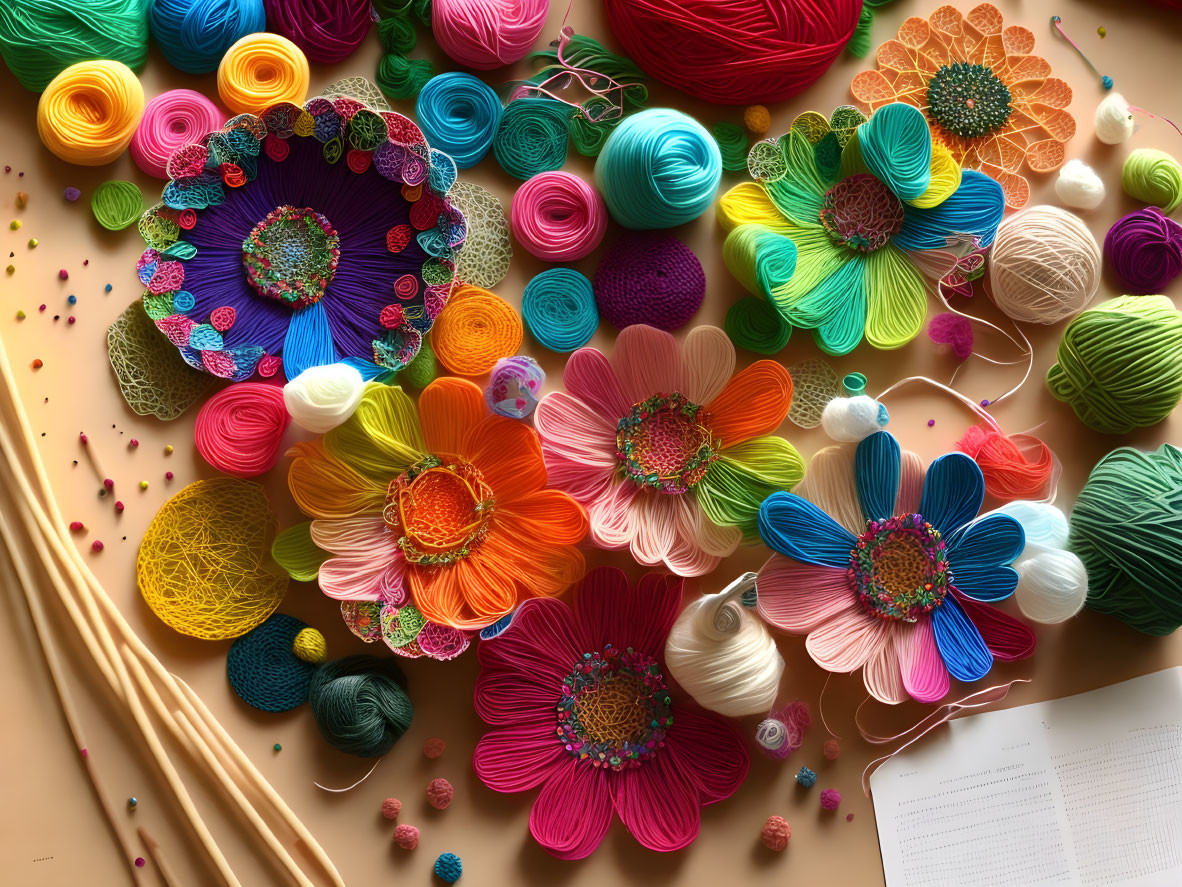 Vibrant yarn skeins, embroidered flowers, and knitting needles on a table with instruction sheet