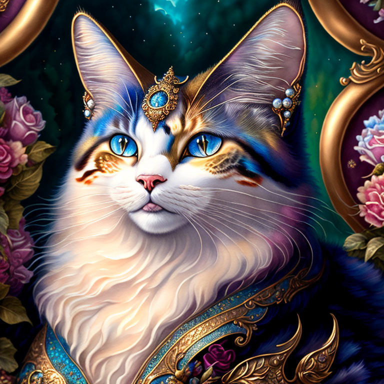 Majestic Cat with Blue Eyes and Jeweled Crown on Ornate Background