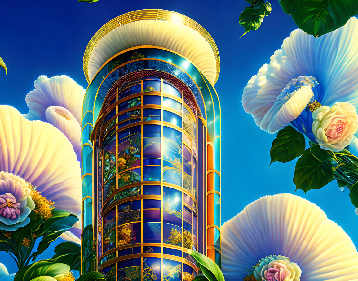 Futuristic golden tower with white and blue flowers under blue sky