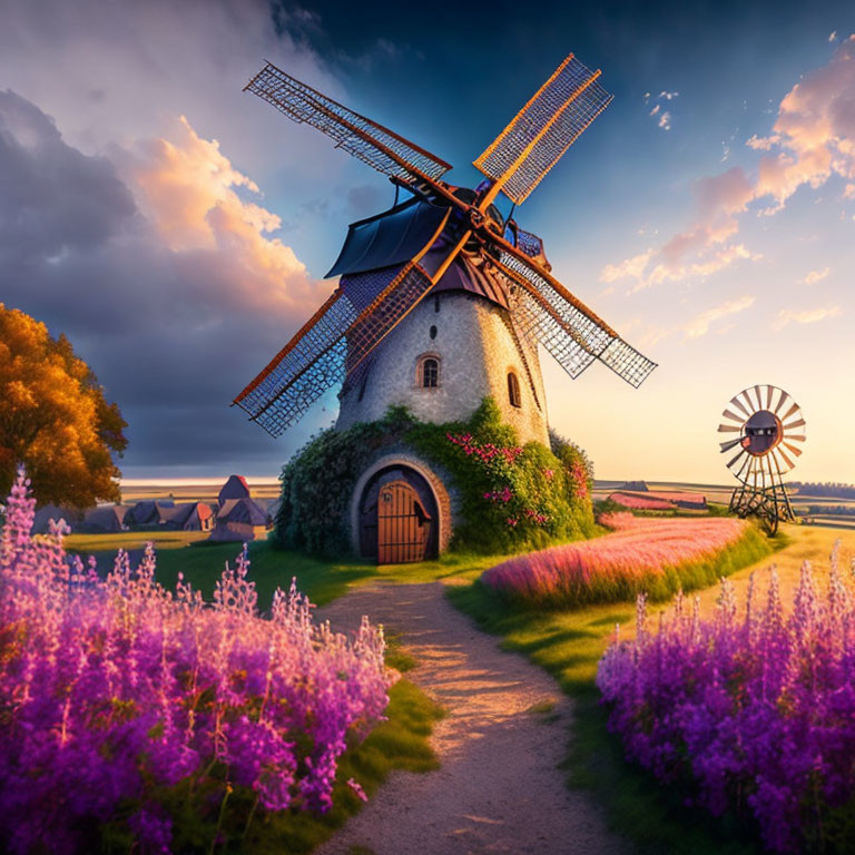 Traditional windmill surrounded by purple flowers and windpump under colorful sunset sky