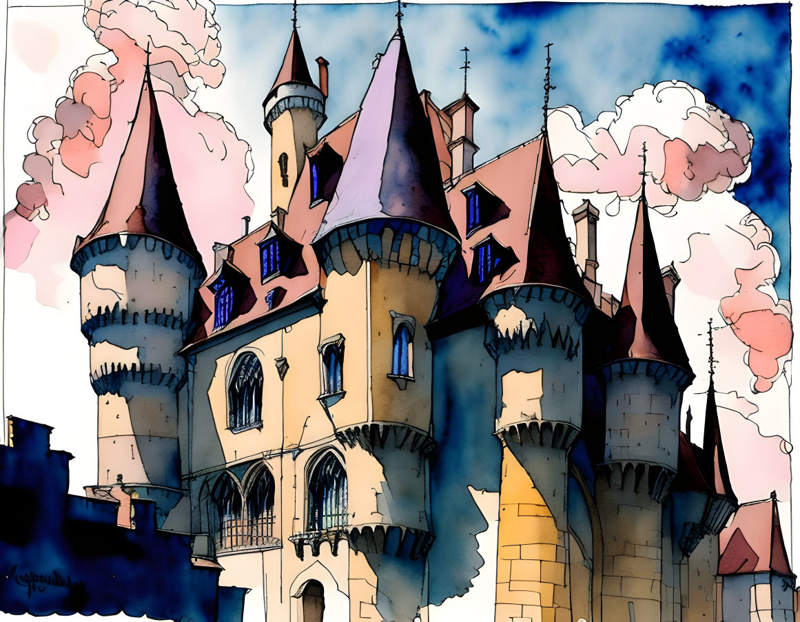 Colorful watercolor fairytale castle illustration with blue and pink turrets.