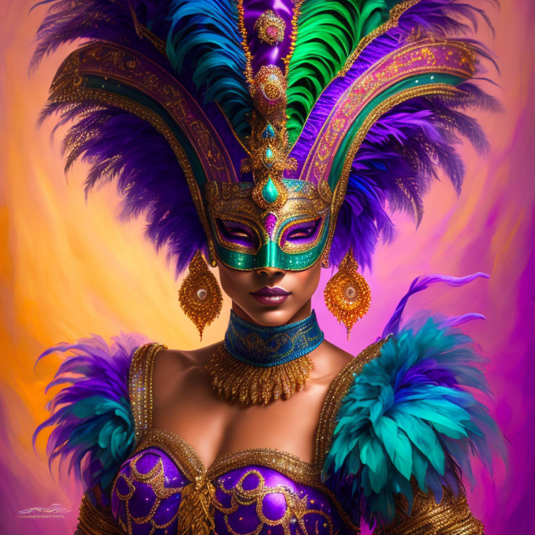 Vibrant Carnival costume portrait with feathered headdress