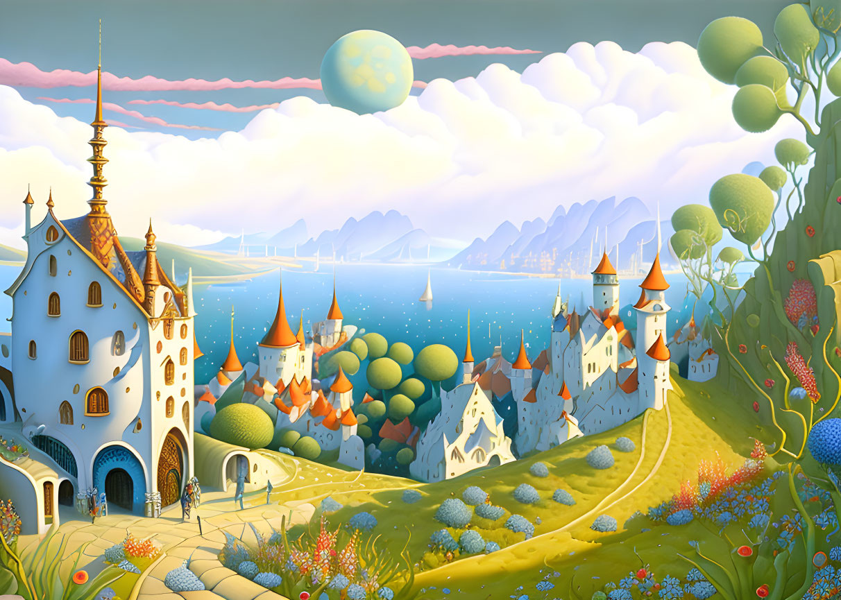 Fantasy landscape with whimsical castles, lush greenery, winding path, and large moon.