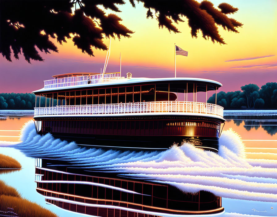 Vintage paddle-wheel riverboat at sunset with American flag on calm waters