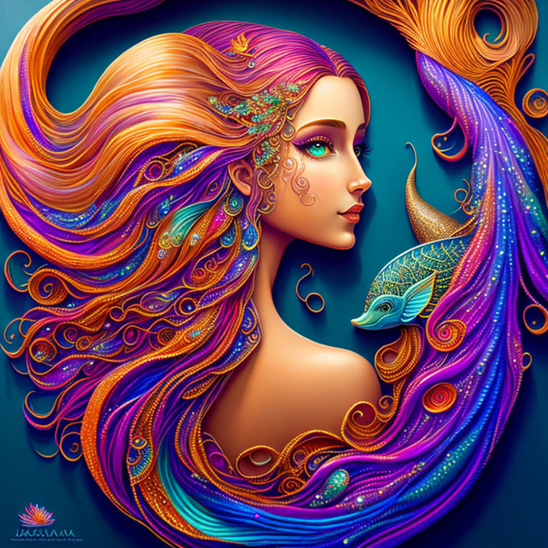 Colorful digital artwork featuring woman with flowing purple and orange hair and gold accents.