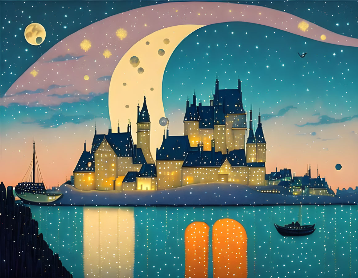 Whimsical castle on hill by calm sea under starry sky