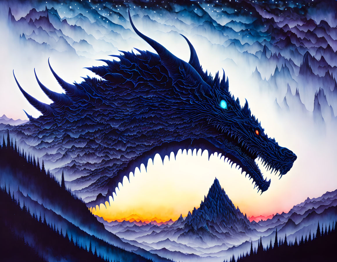 Majestic fantasy dragon blending with mountainous landscape at dusk