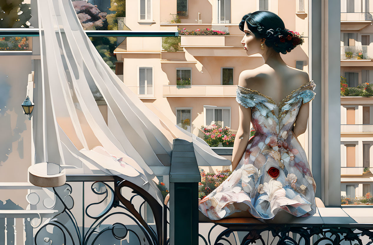 Woman in floral dress on balcony with cityscape view