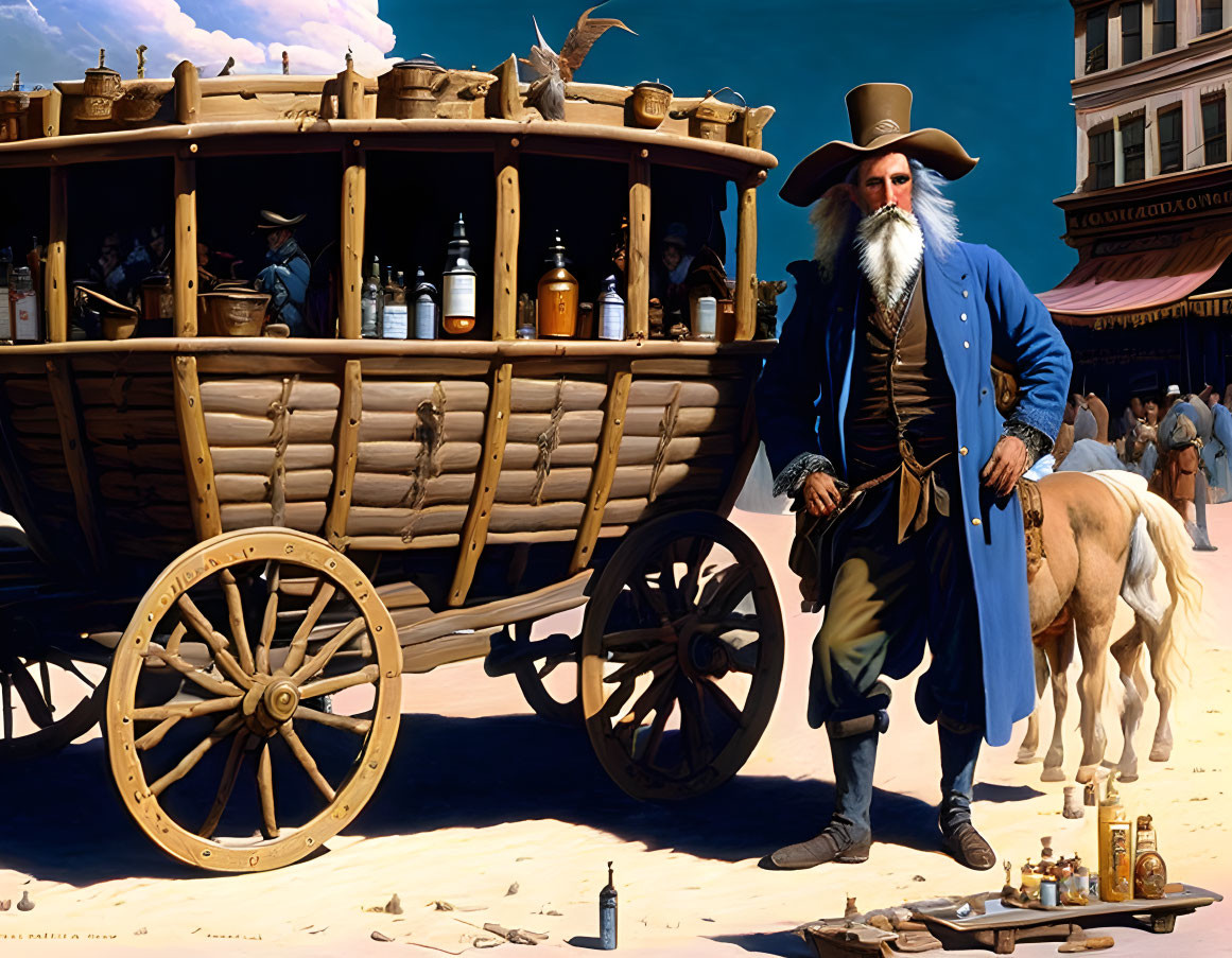 Colonial man with cart of pottery in outdoor market.