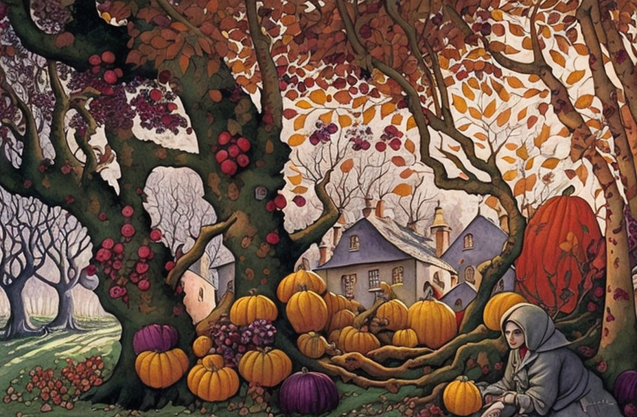 Autumnal scene with person, pumpkins, trees, house, and grapevines