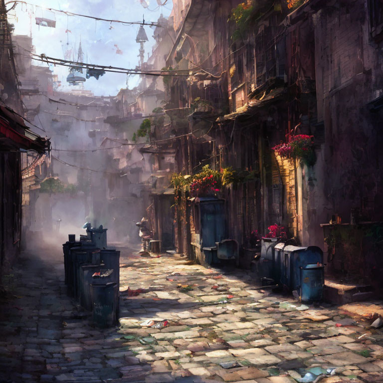 Gritty urban alley with worn buildings and flower baskets