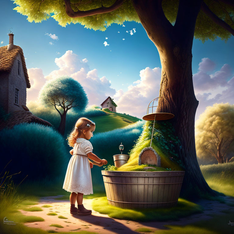 Young girl in white dress gazes at glowing miniature house in wooden tub under tree