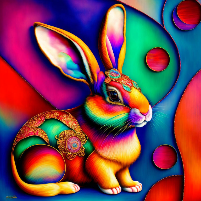 Colorful Digital Artwork: Rabbit with Ornamental Patterns on Psychedelic Background